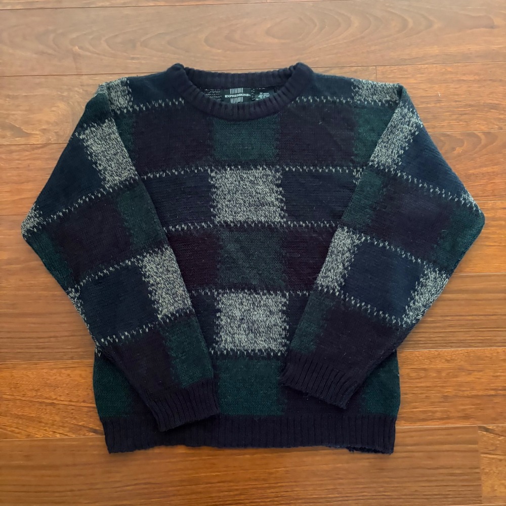 Expressions Mens Sweater Medium Navy Green Checkered Knit Vintage 90s Grunge